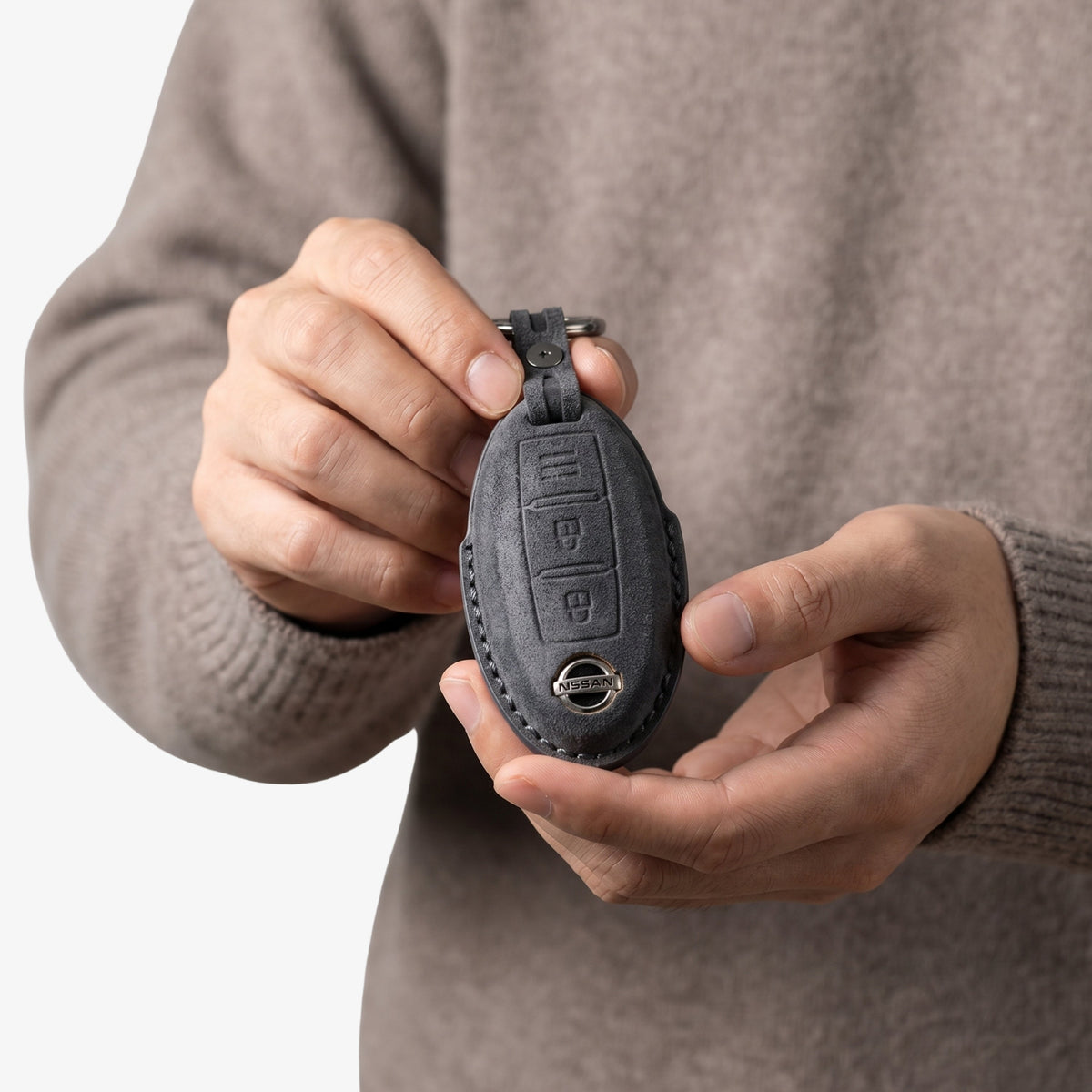 Alcantara Car Key Fob Cover for Nissan Model A with Buckle - Space Grey