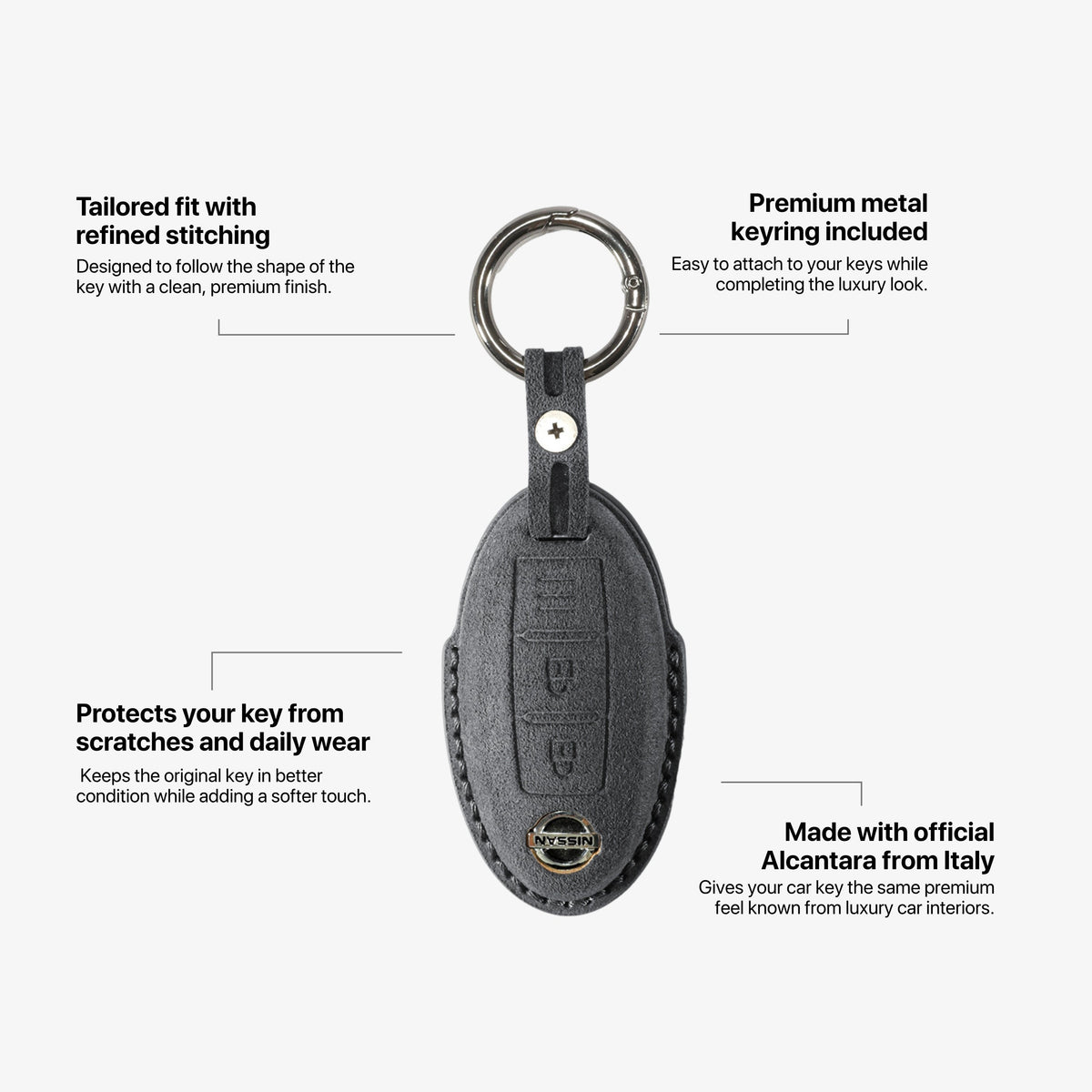 Alcantara Car Key Fob Cover for Nissan Model A with Buckle - Space Grey