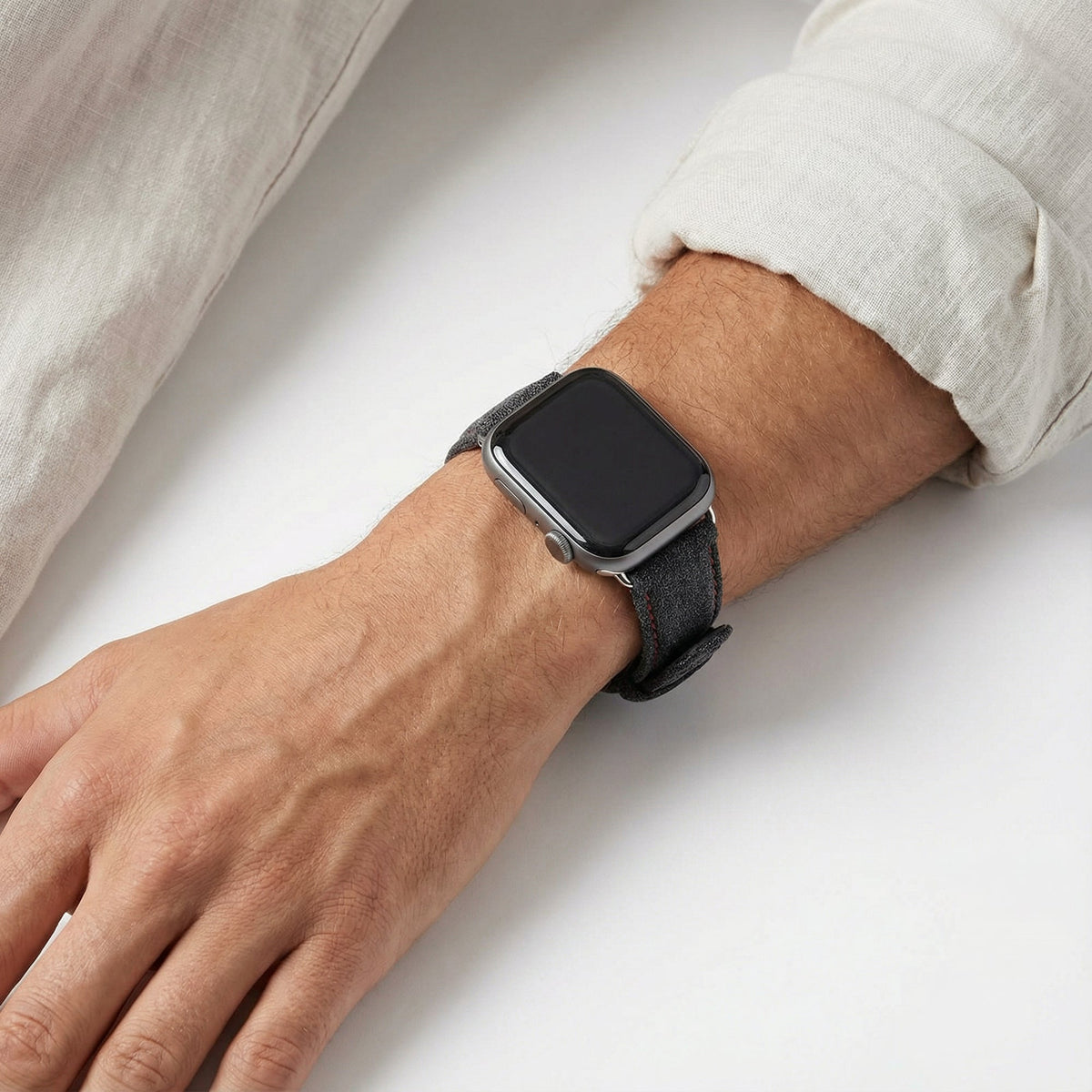 Alcantara Apple Watch Band With Buckle - Space Grey With Red Stitching - 42/44/45/46mm & Ultra (49mm)