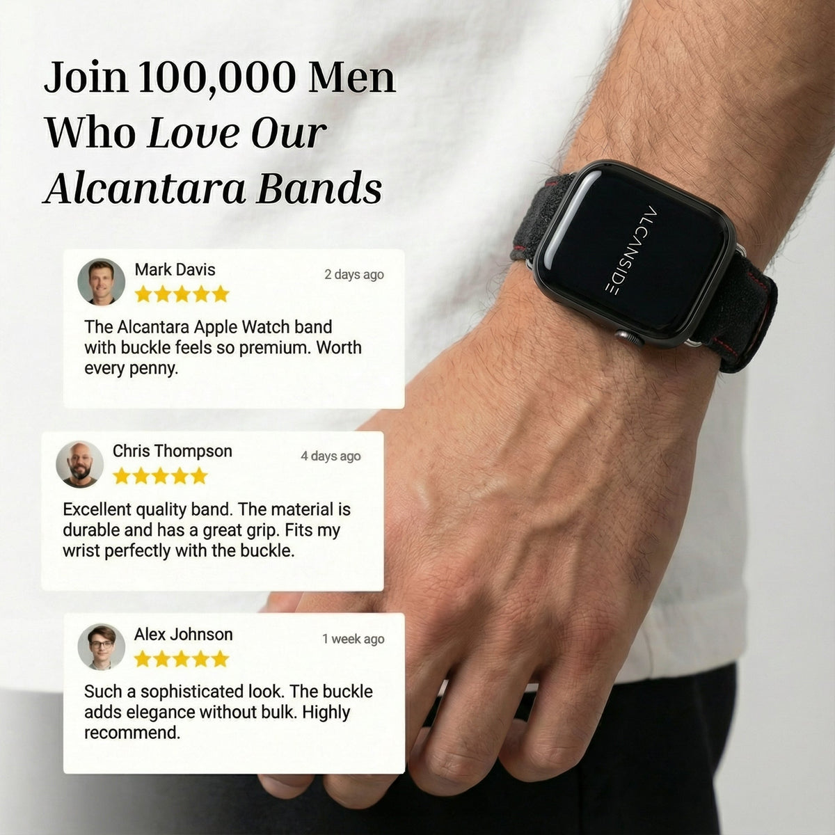 Alcantara Apple Watch Band With Buckle - Space Grey With Red Stitching - 42/44/45/46mm & Ultra (49mm)