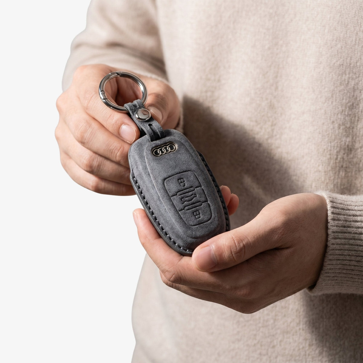 Alcantara Car Key Fob Cover for Audi Model C with Buckle - Space Grey