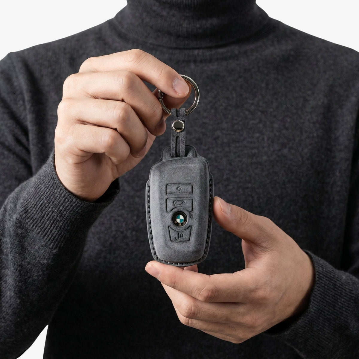 Alcantara Car Key Fob Cover for BMW Model A with Buckle - Space Grey