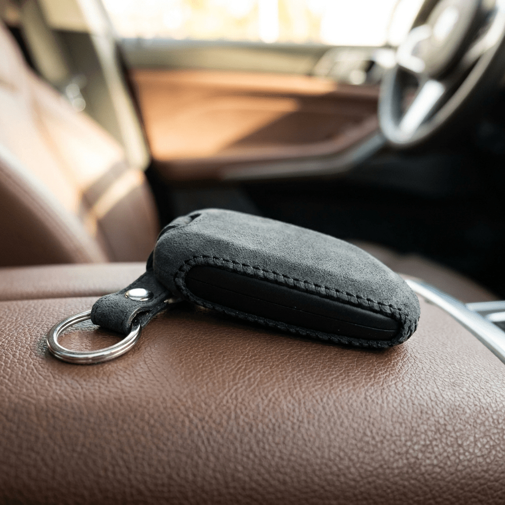 Alcantara Car Key Fob Cover for BMW Model A with Buckle - Space Grey