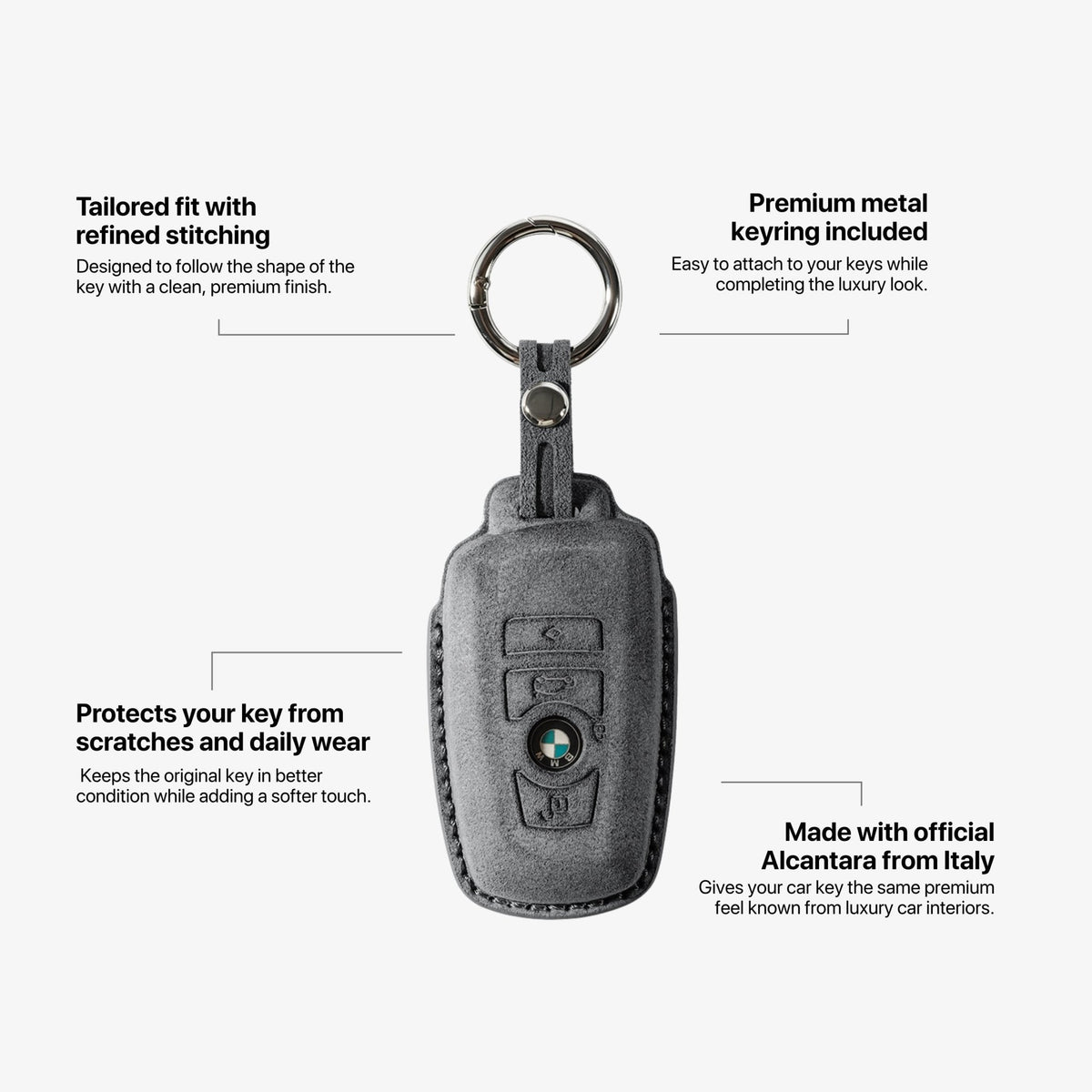 Alcantara Car Key Fob Cover for BMW Model A with Buckle - Space Grey